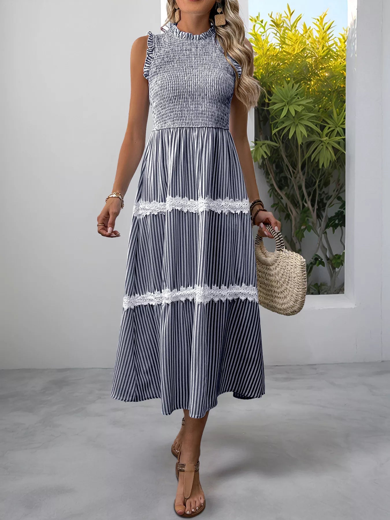 Smocked Striped Lace Trim Sleeveless Midi Dress