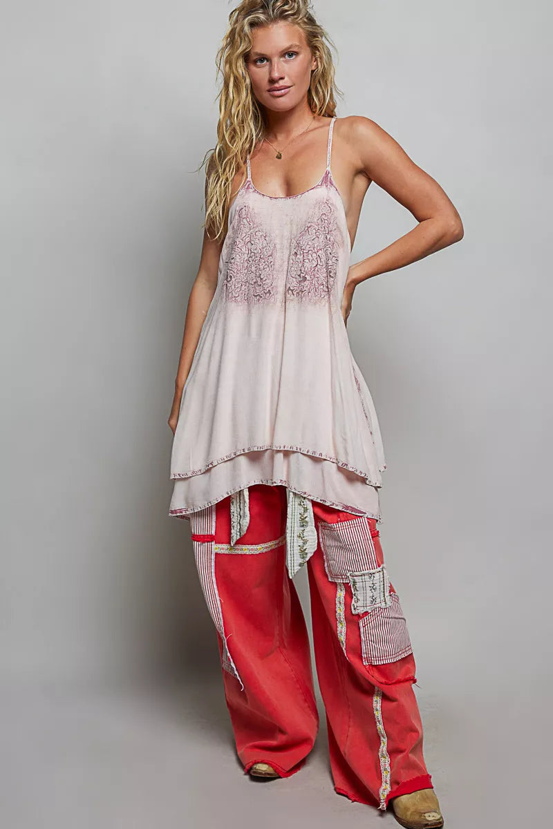 POL Solid Vintage Wash Embroidered Sleeveless Cotton Mini Dress