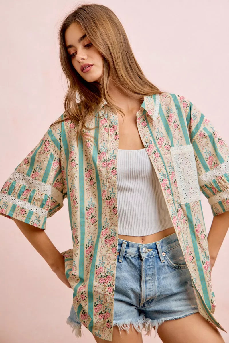 BiBi Eyelet Lace And Floral Mix And Match Shirt Top