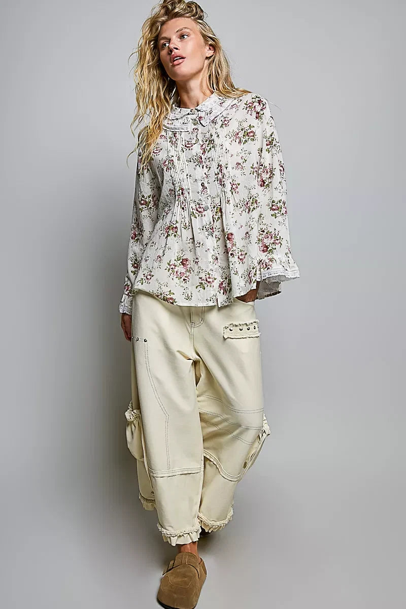 POL Floral Lace Trim Pintuck Button-Down Shirt