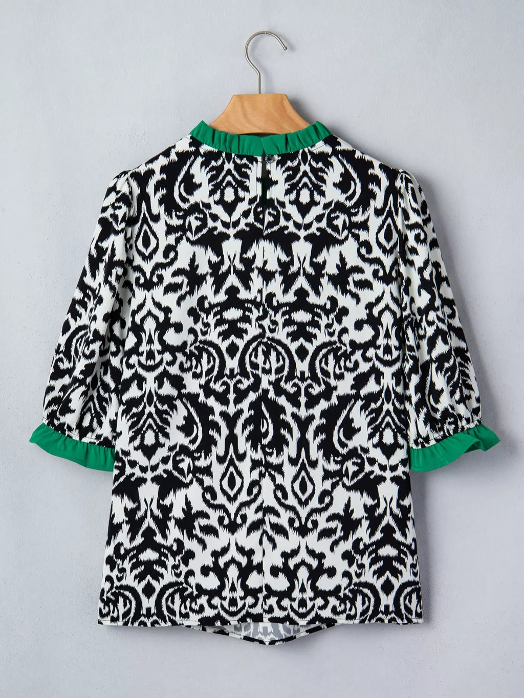 Damask Print Ruffled Color Block Detail Half Sleeve Blouse