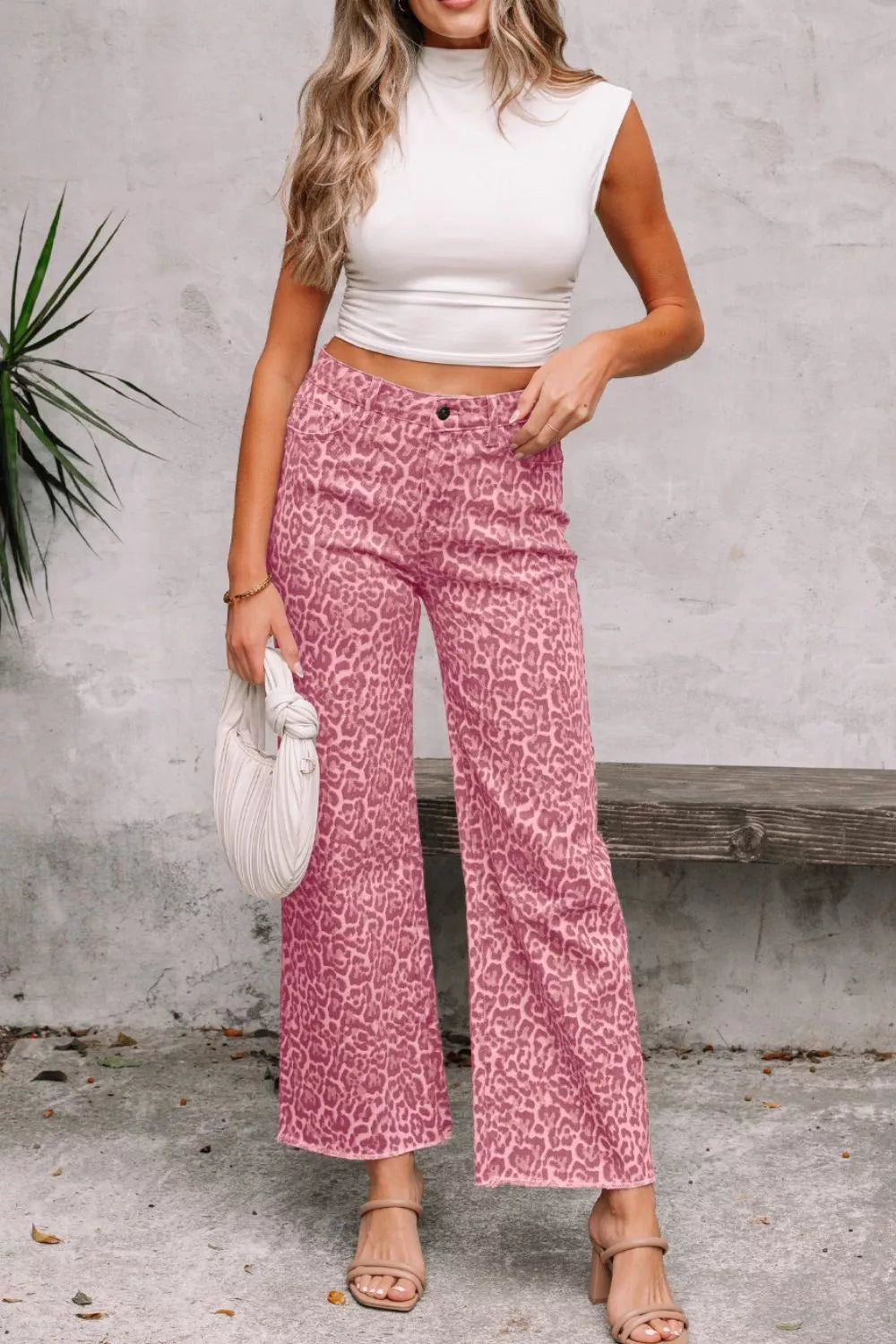 Leopard Frayed Edge Wide Leg High Waist Jeans