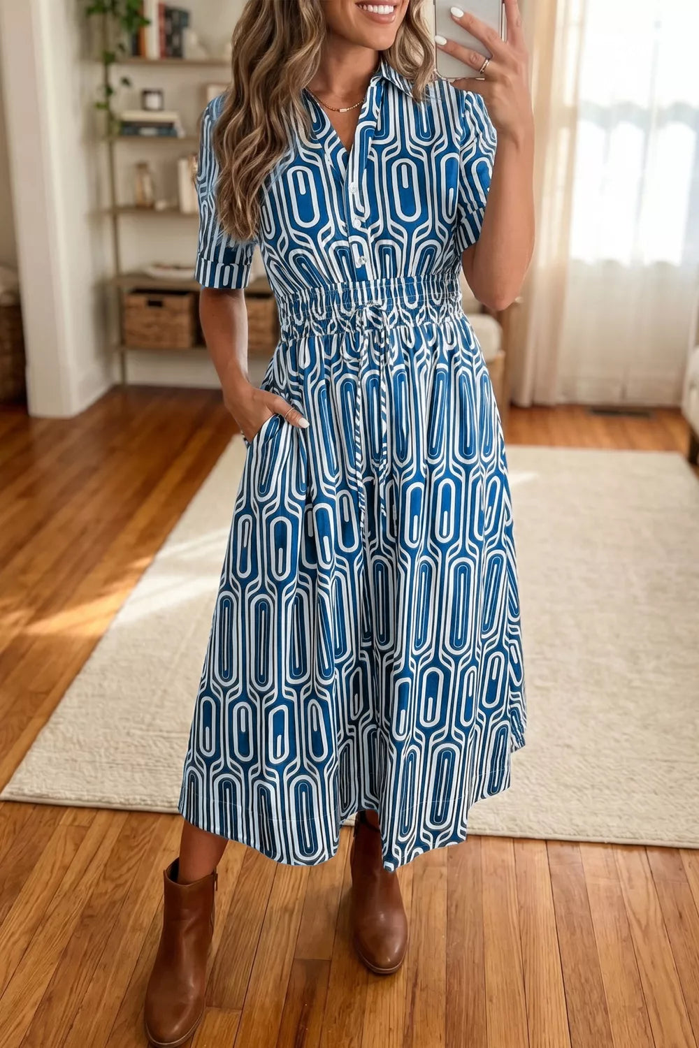Geometric Print Short Sleeve Drawstring Shirt Collar Dress