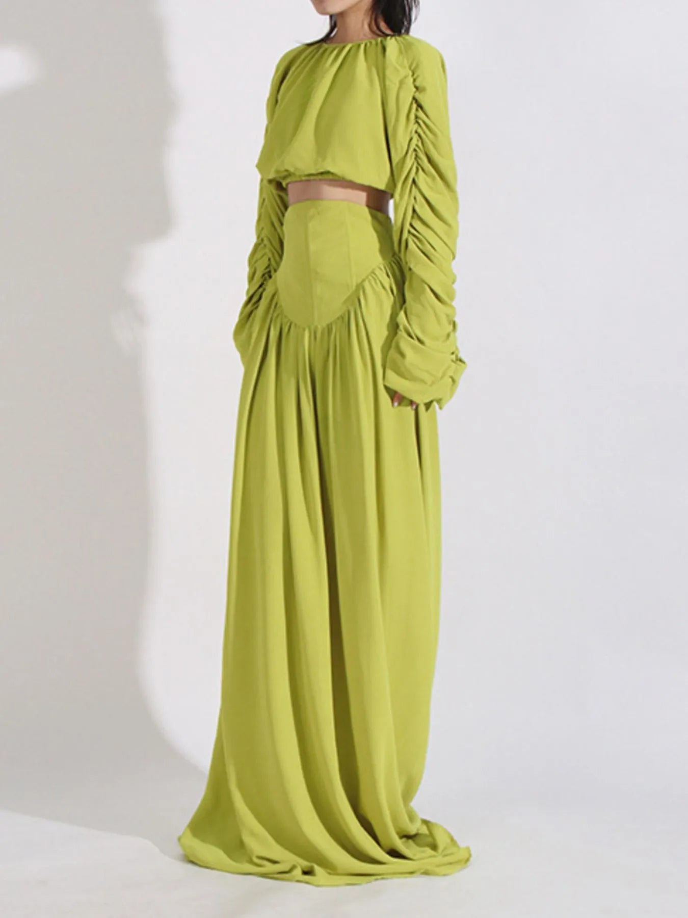 Ruched Long Sleeve Top and High Waist Skirt Set