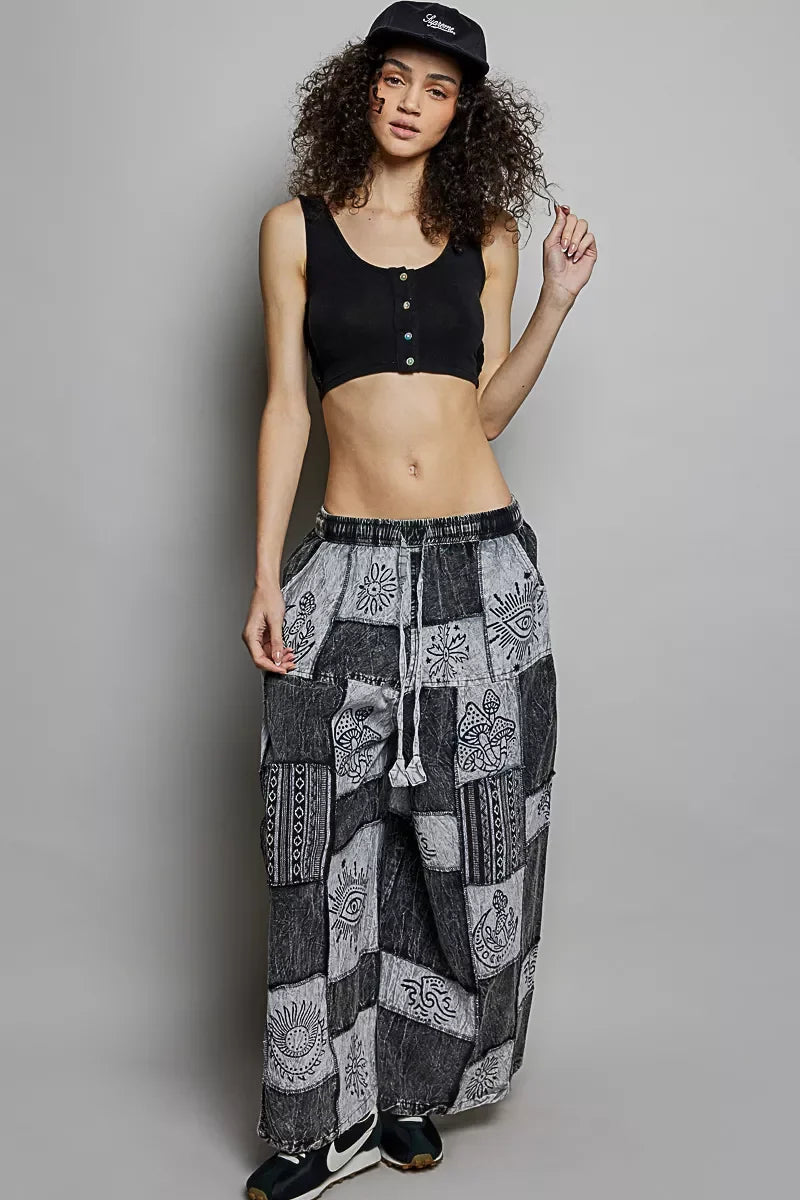 POL Drawstring Patchwork Wide Leg Pants