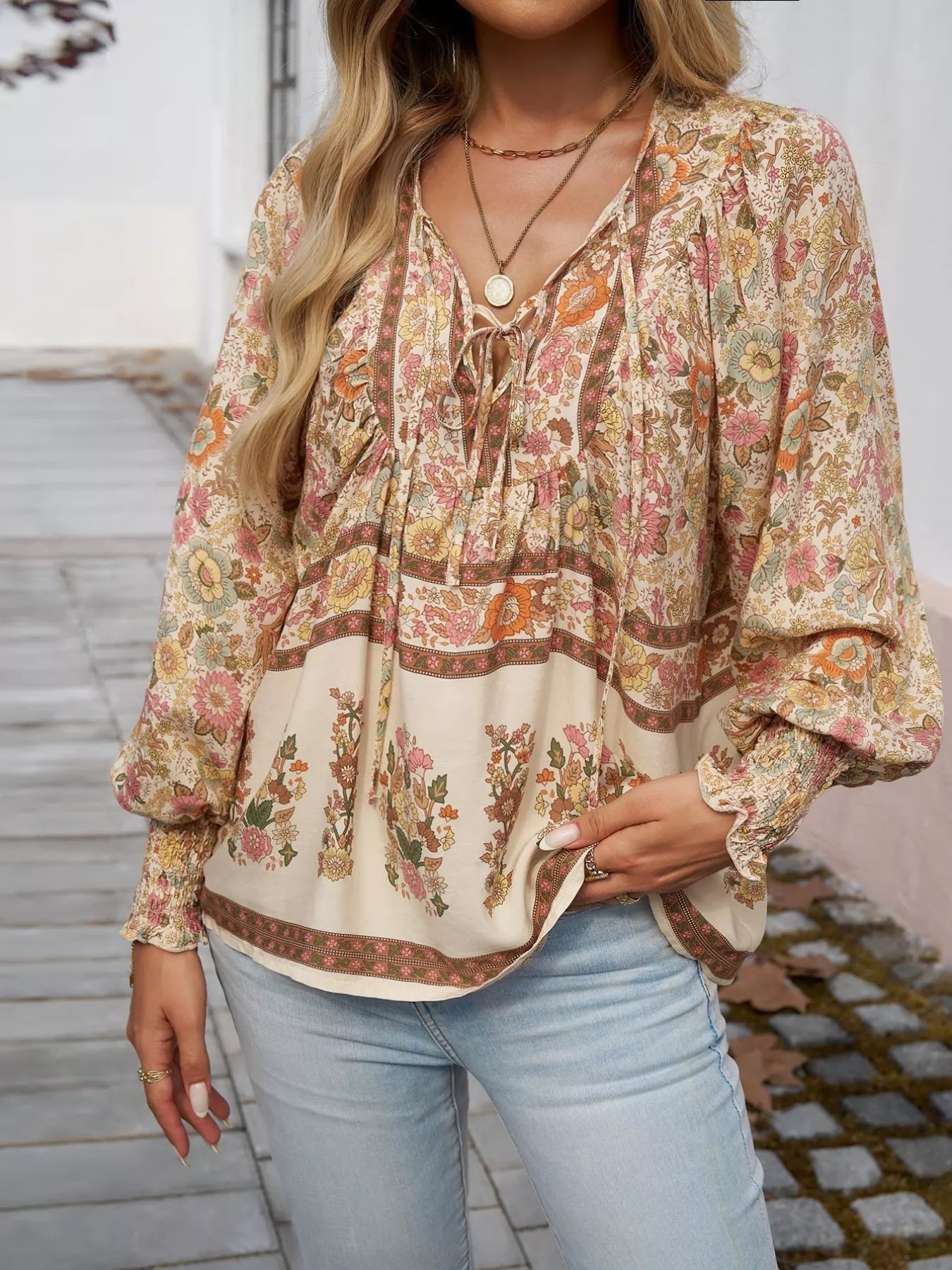 Floral Print Tie Neck Bohemian Blouse
