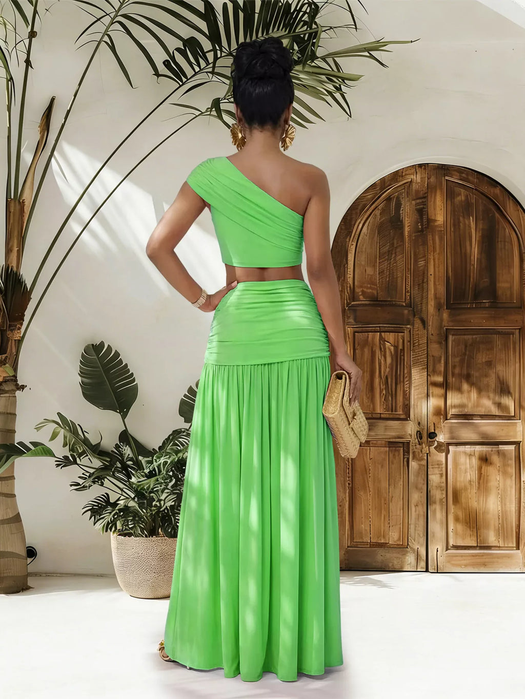 One-Shoulder Top and Ruched Maxi Skirt Set