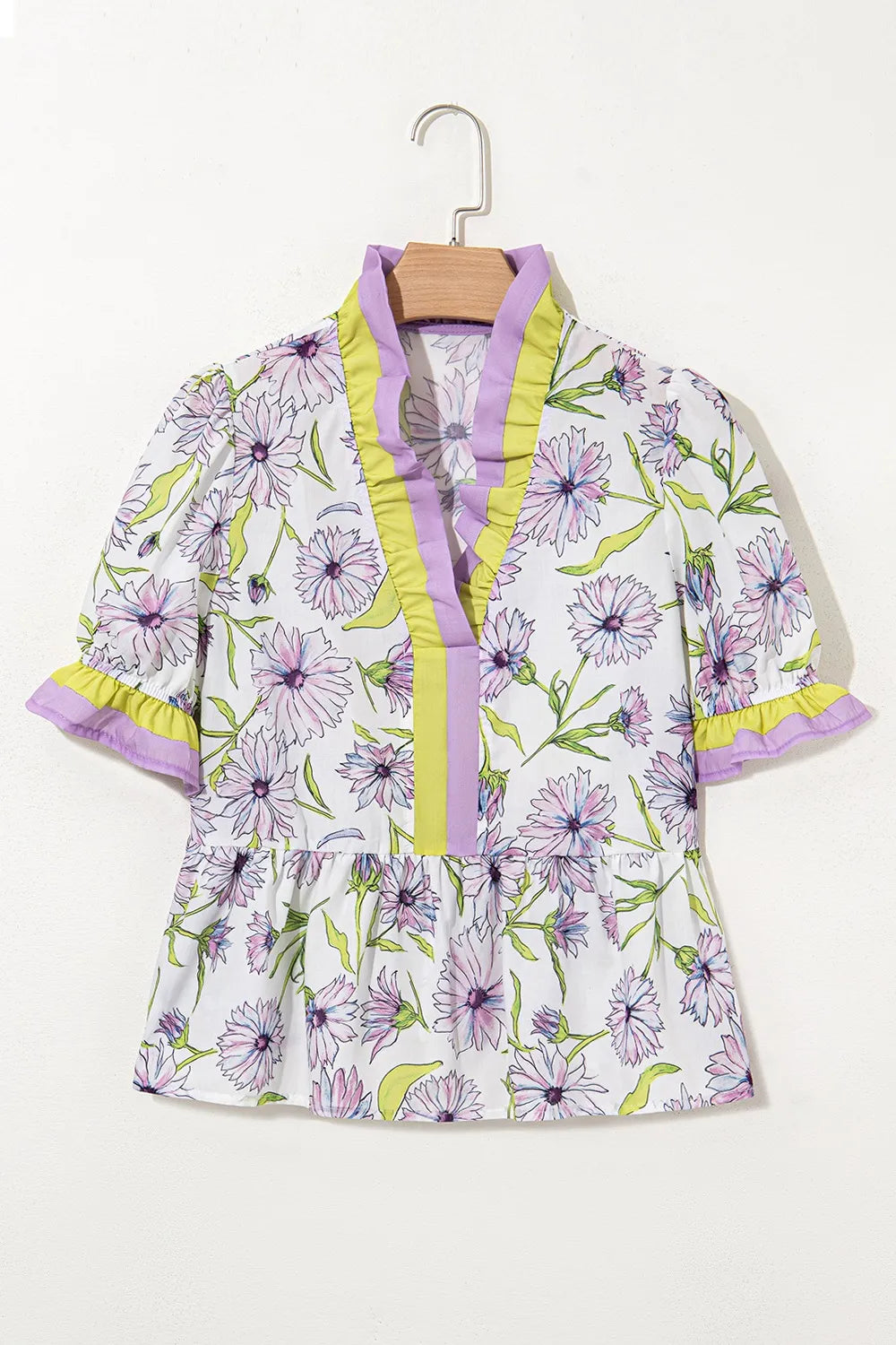 Floral Print Flounce Sleeve Peplum Blouse