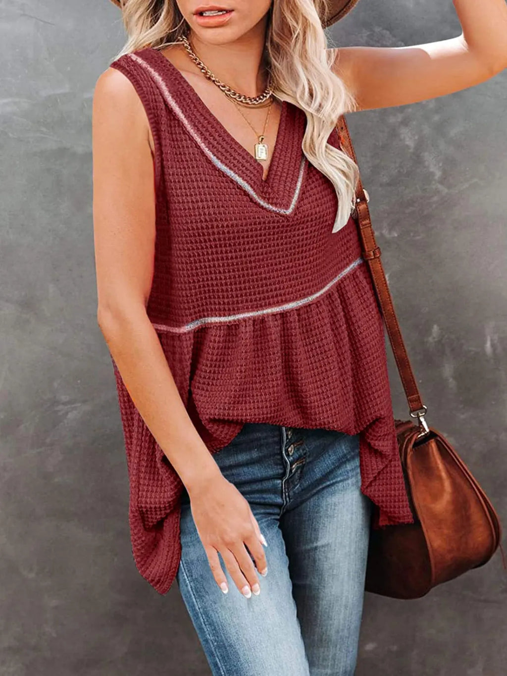 V-Neck Waffle Knit Tank Top with Contrast Stitching
