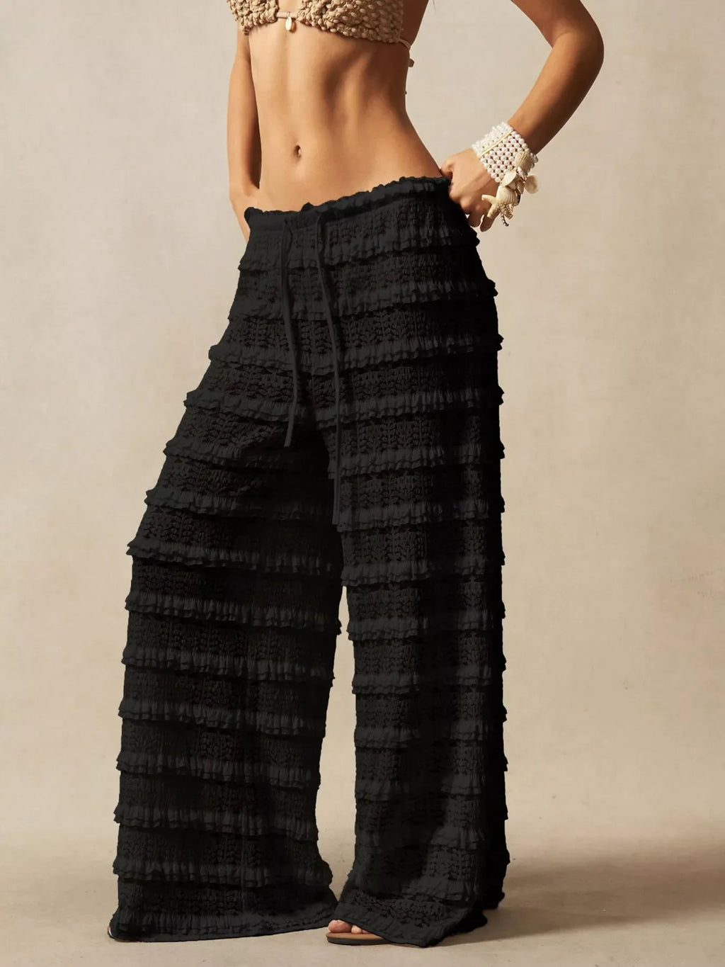 Lace Drawstring Wide-Leg Pants