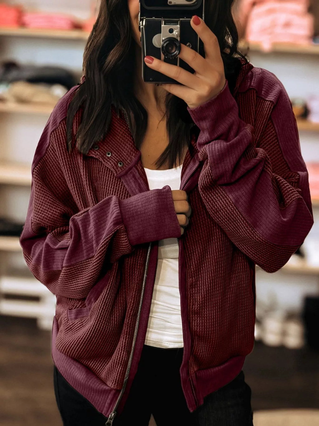 Waffle Zip Up Hooded Jacket with Pockets