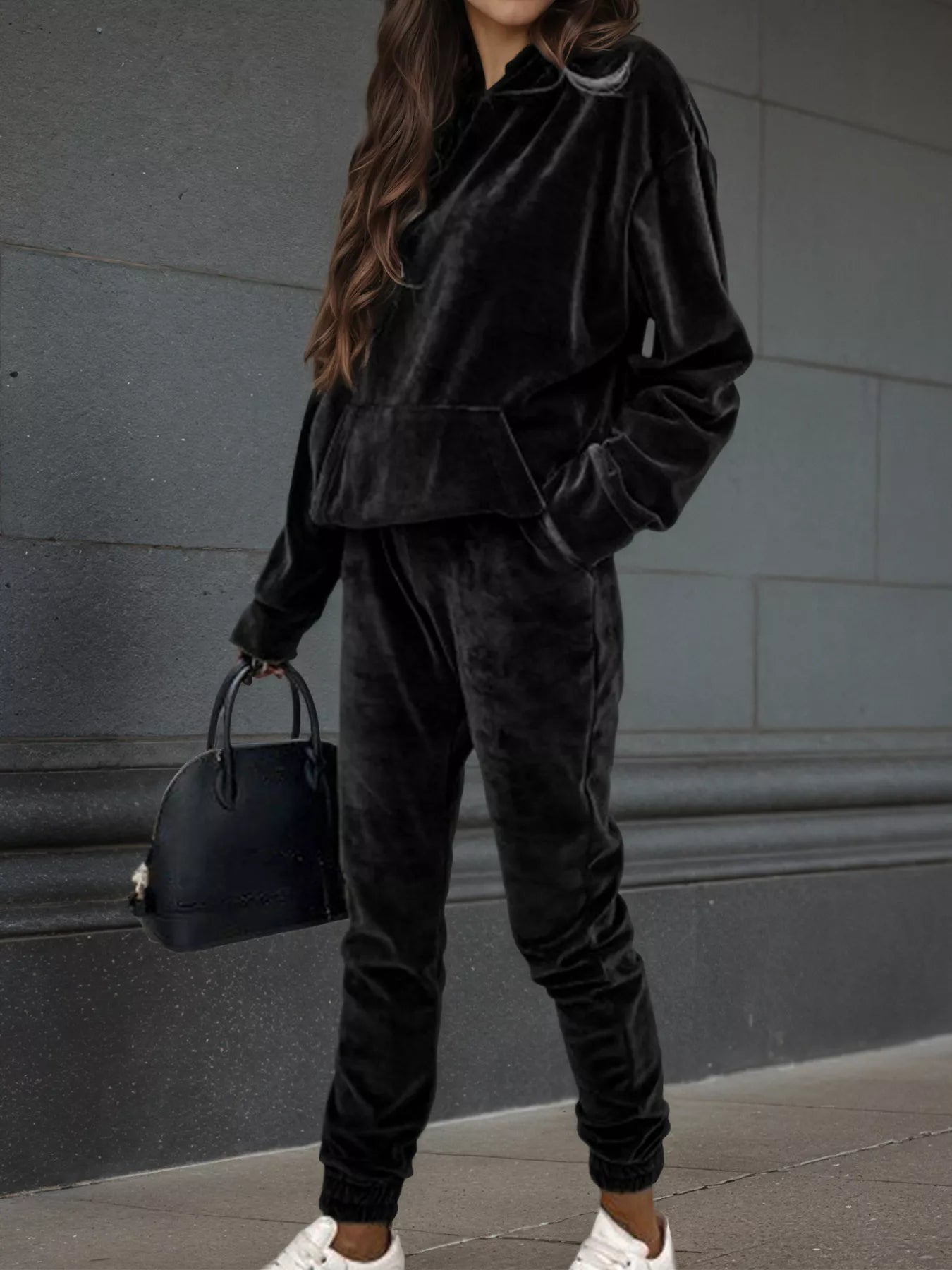 Velvet Long Sleeve Hoodie and Pants Set