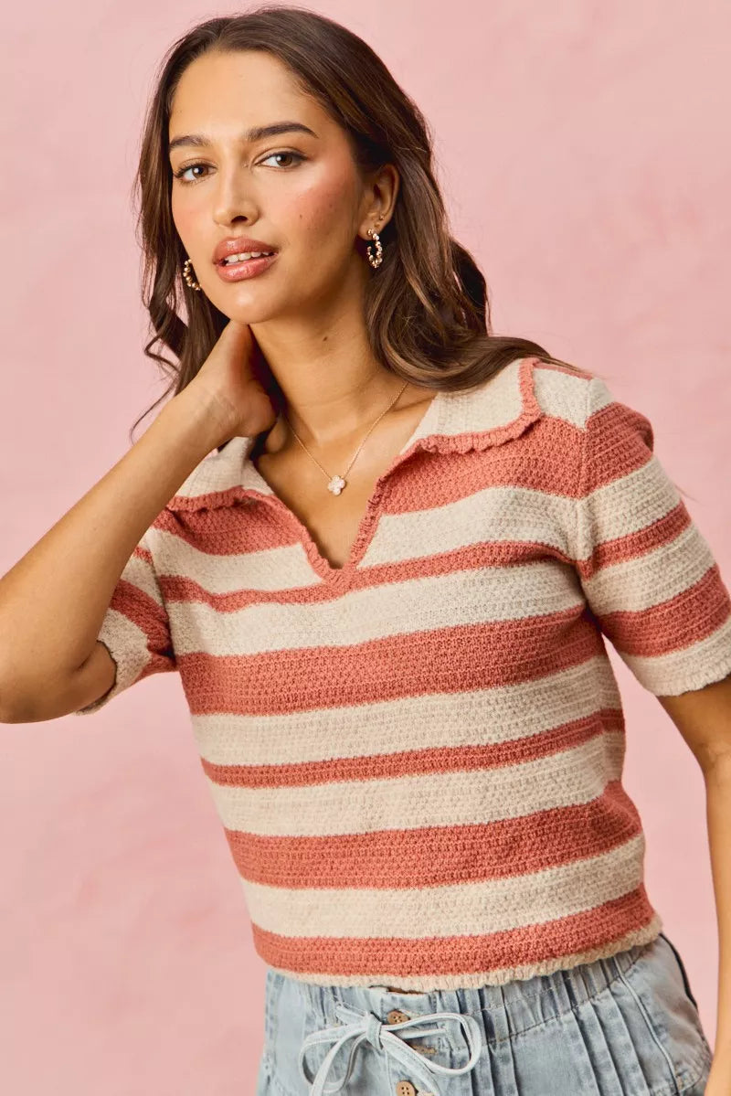 SO ME Stripe Short Sleeve Cropped Sweater