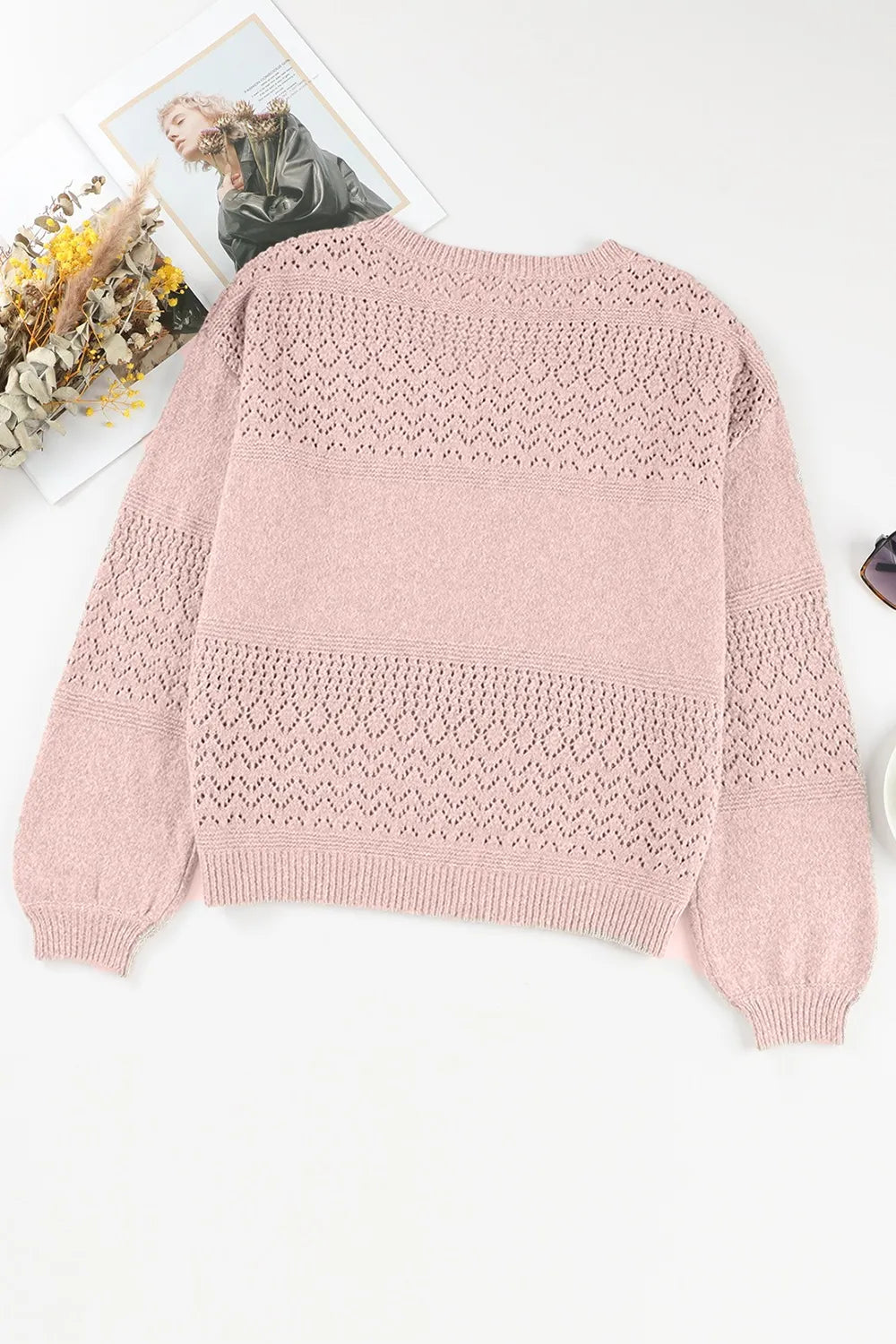 Openwork V-Neck Long Sleeve Sweater
