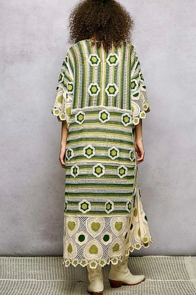 POL Striped and Floral Pattern Crochet Longline Cardigan