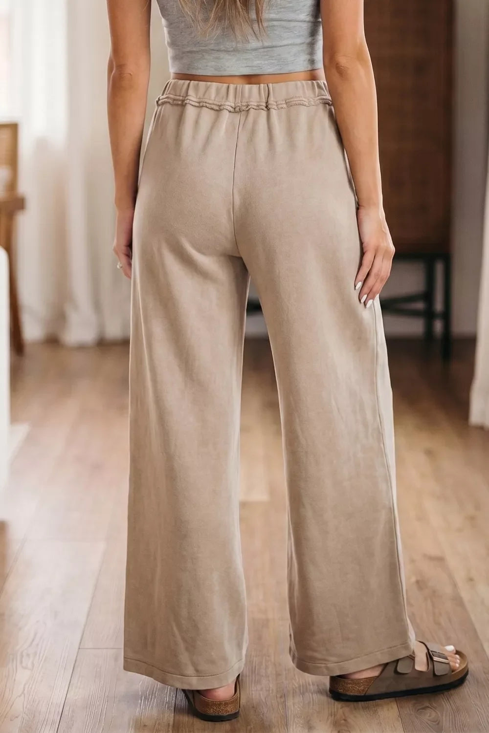 Mineral Wash Drawstring Retro High Waist Wide Leg Western Pants
