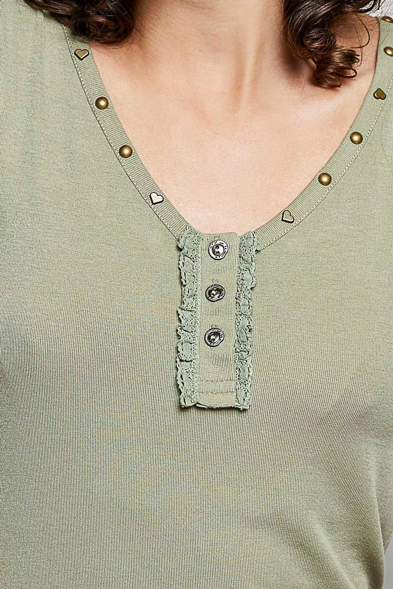 POL Studded Trim Button-Front Ruffle Detail Tank