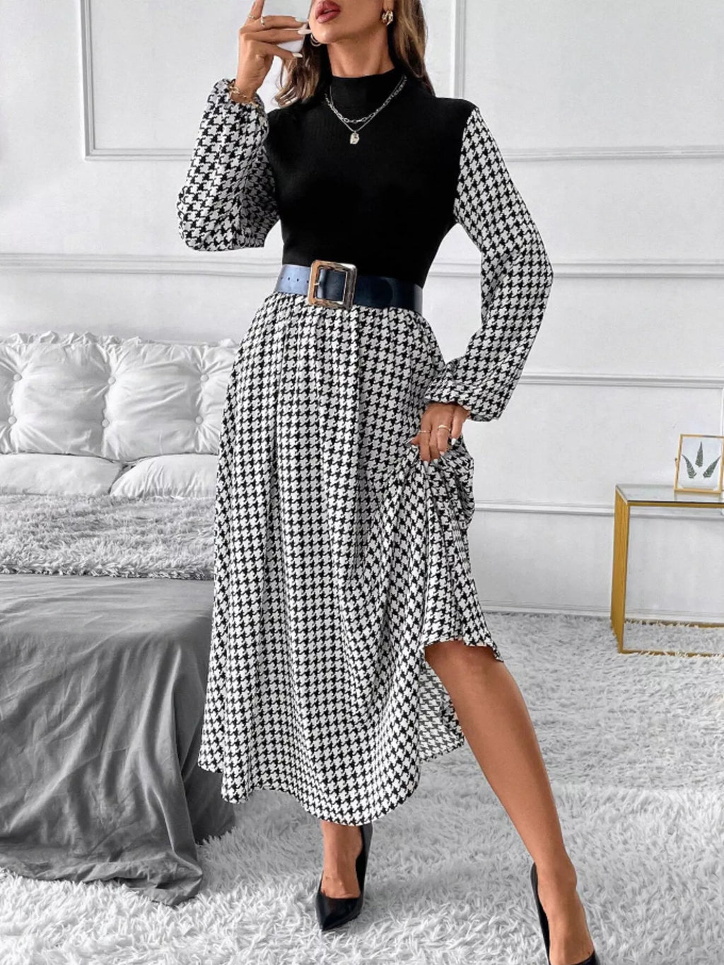 Houndstooth Mock Neck A-Line Dress