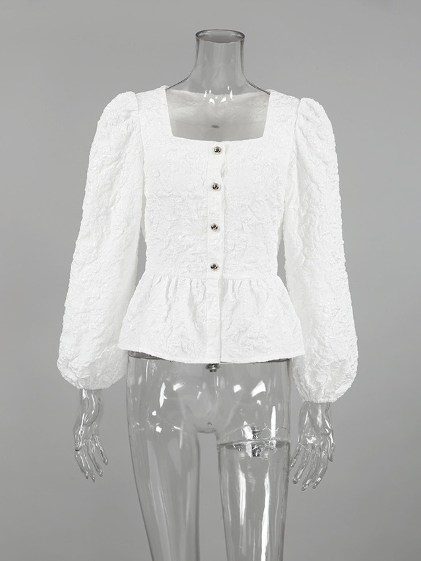 Textured Square Neck Balloon Sleeve Shirt