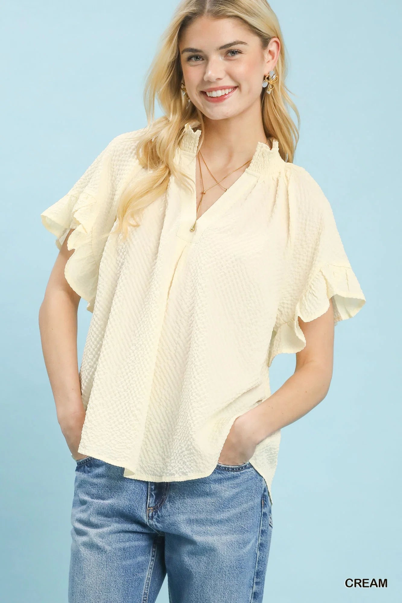 Umgee Textured Ruffle Sleeve Blouse