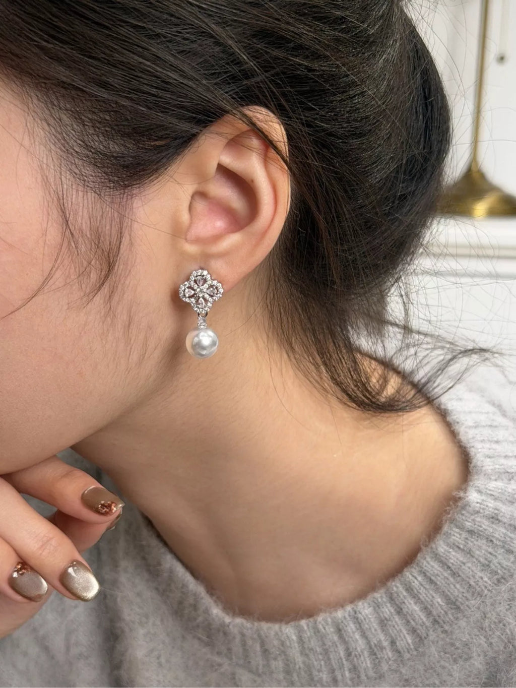 Zircon Four Leaf Clover Pearl Drop Earrings