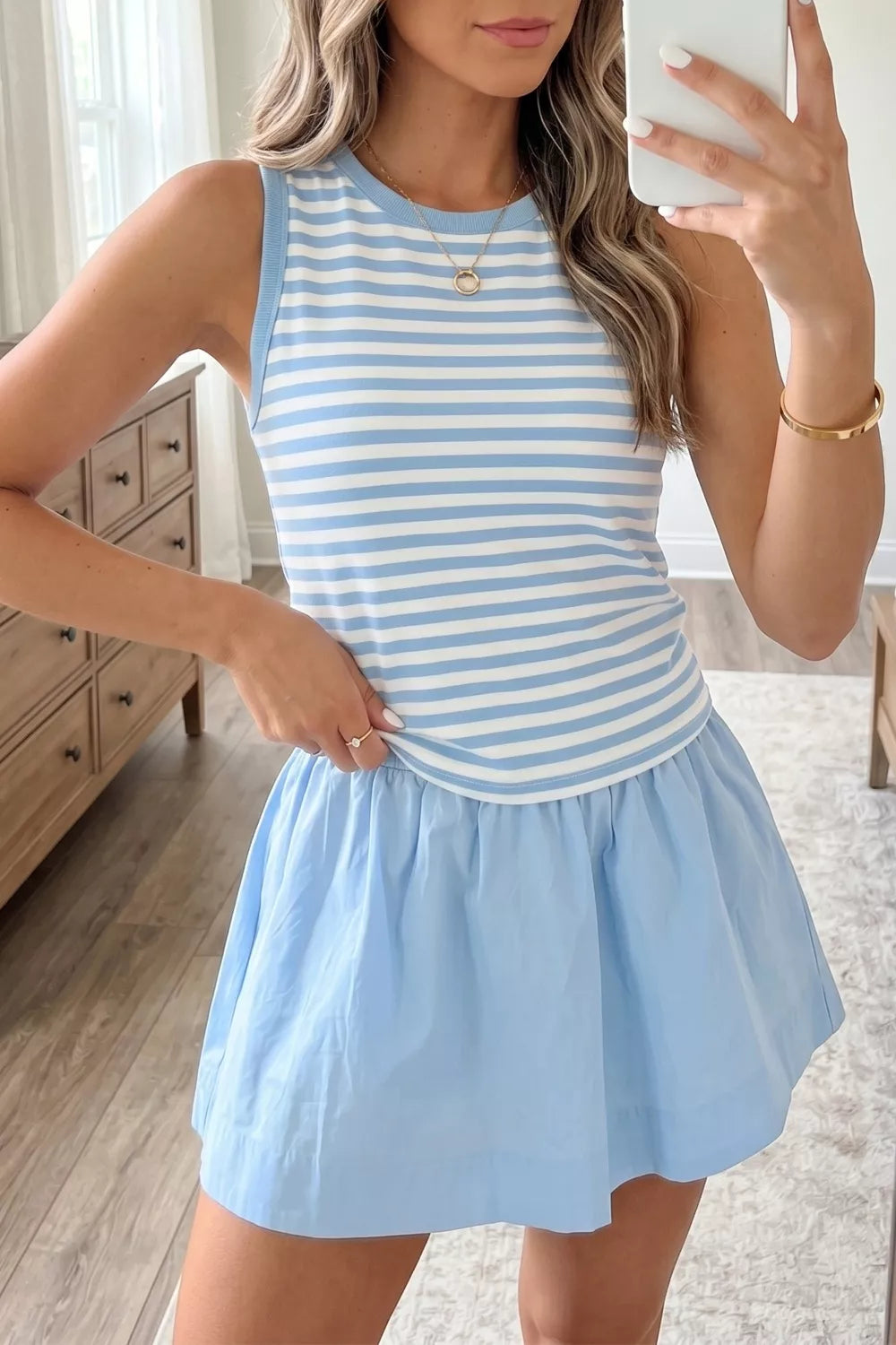 Stripe Slim Tank Contrast Ruffle Mini Skort Set