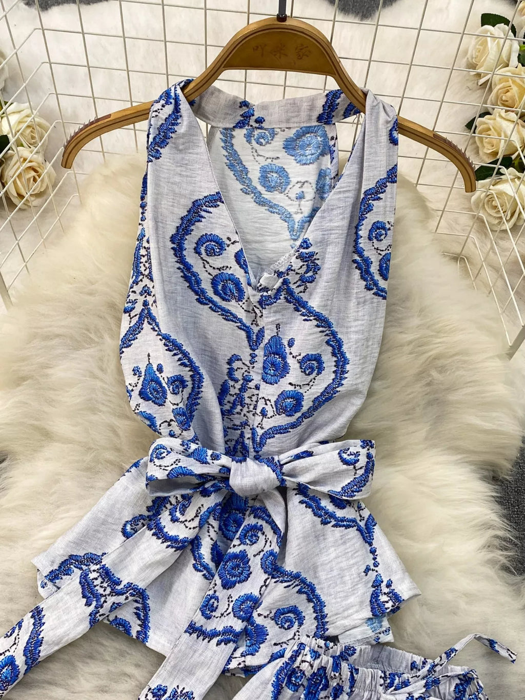 Printed Sleeveless Top and Wide Leg Pants Set