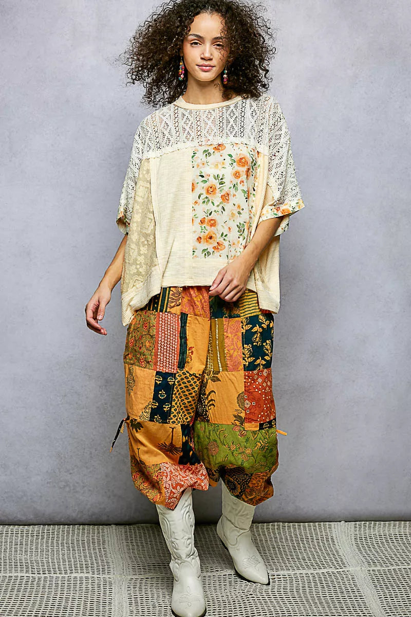 POL Floral Patchwork Lace Accent Blouse