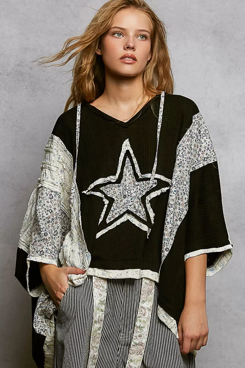 POL Floral Star Patch Hooded Blouse with Lace Contrast Detail