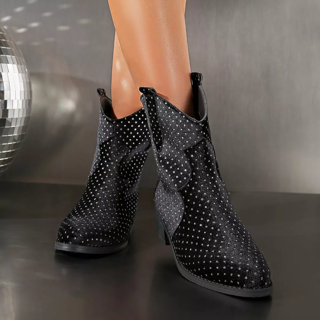 Sparkling Point Toe Block Heels Boots
