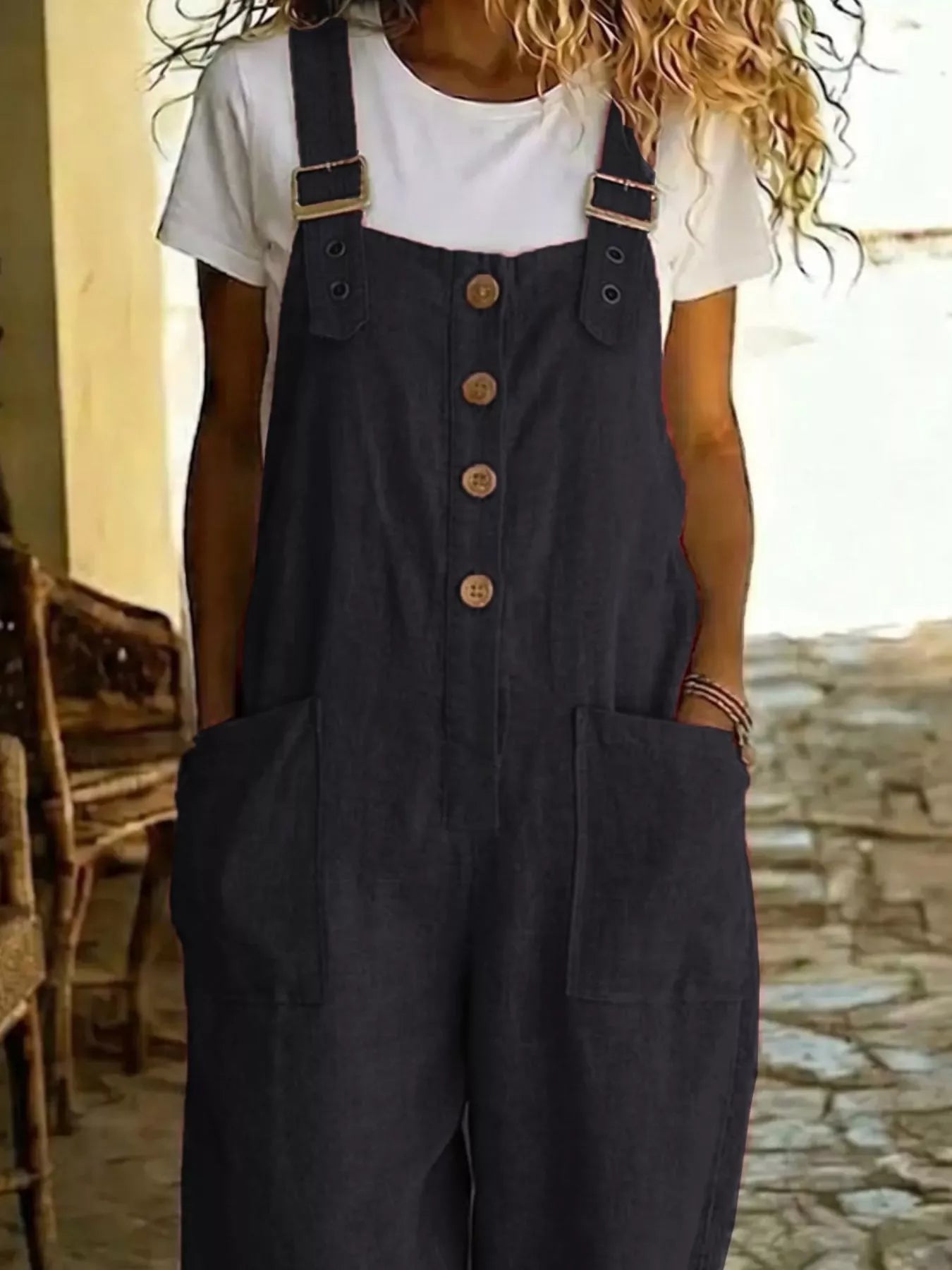 Casual Button Front Wide Leg Overalls