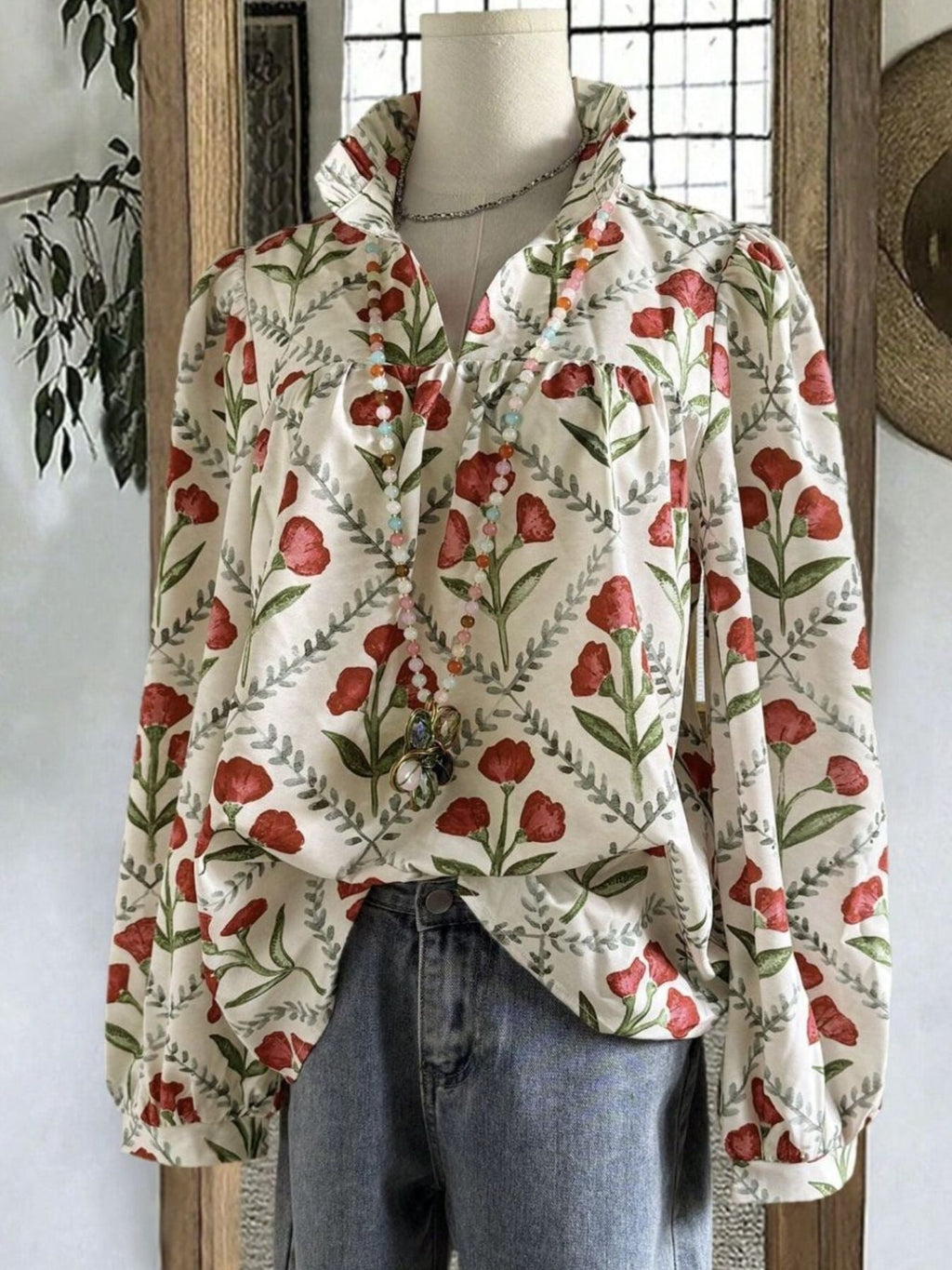 Floral Print High Collar Blouse