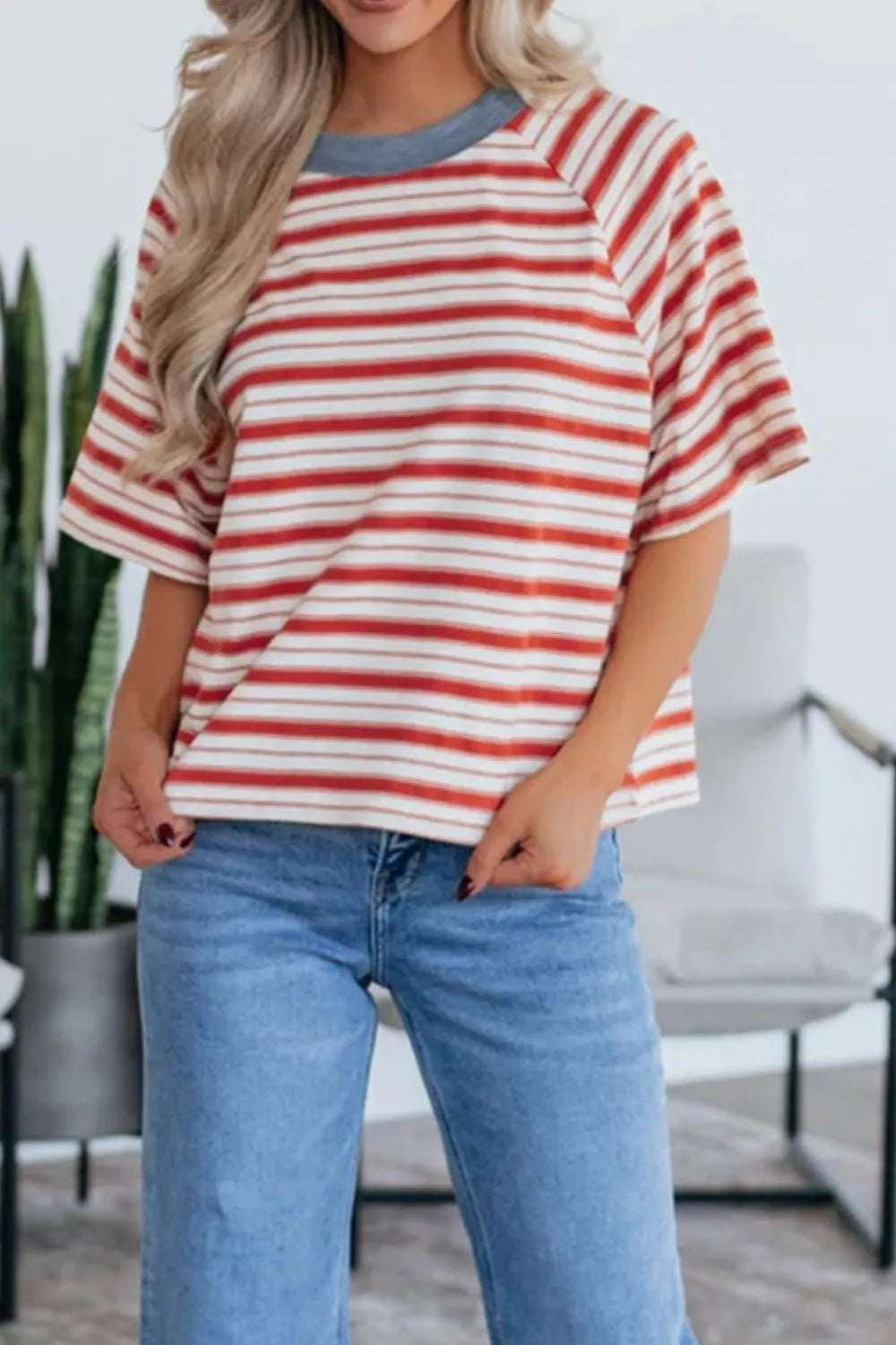 Stripe Print Contrast Collar Raglan Sleeve T Shirt