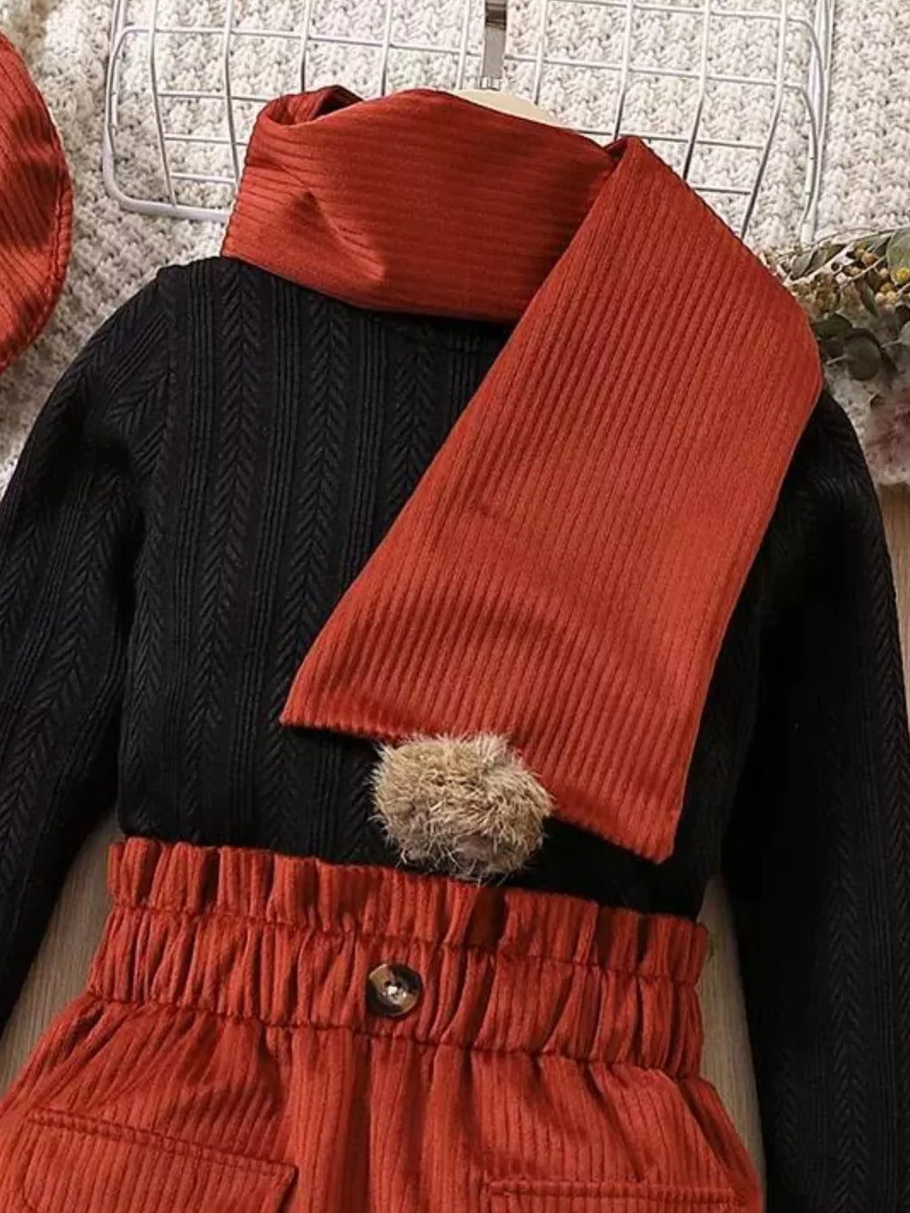 Children's Texture Knit Top and Skirt Set with Scarf & Beret