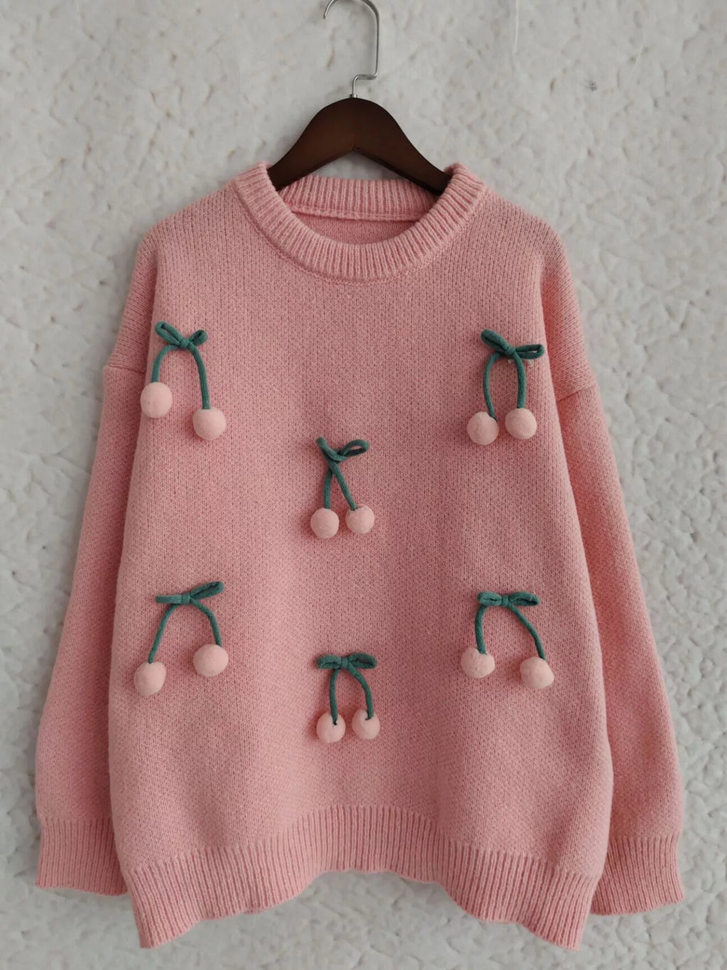 Cherry Pom-Pom Knit Round Neck Sweater