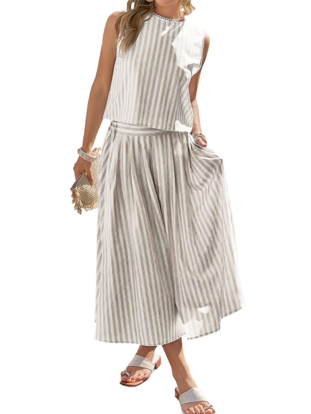 Striped Sleeveless Top and Midi Skirt Set