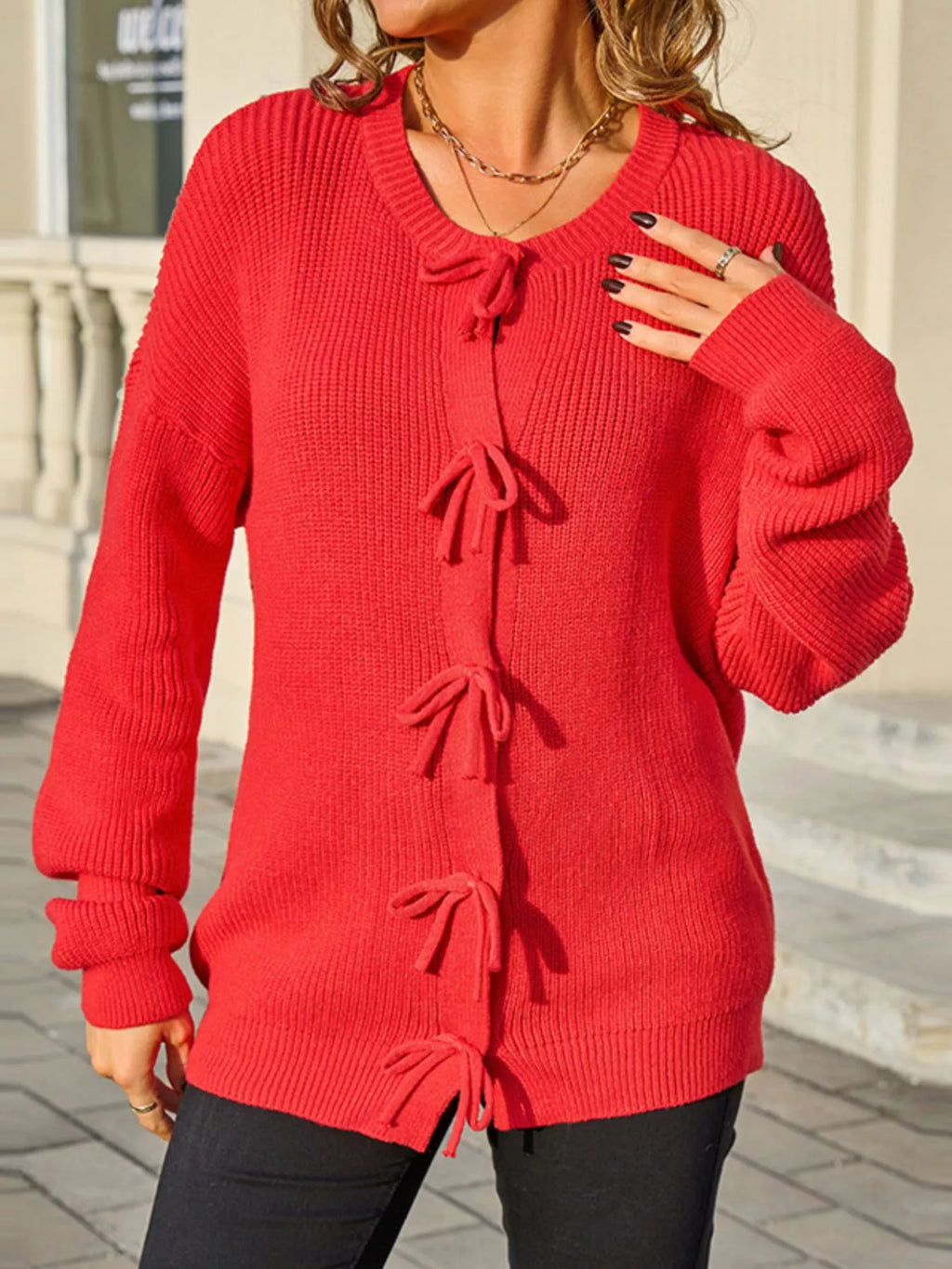 Ribbed Knit Bow-Tie Cardigan