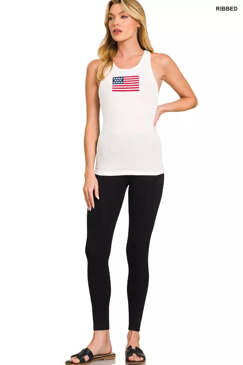 Zenana American Flag Embroidery Stretchy Ribbed Tank