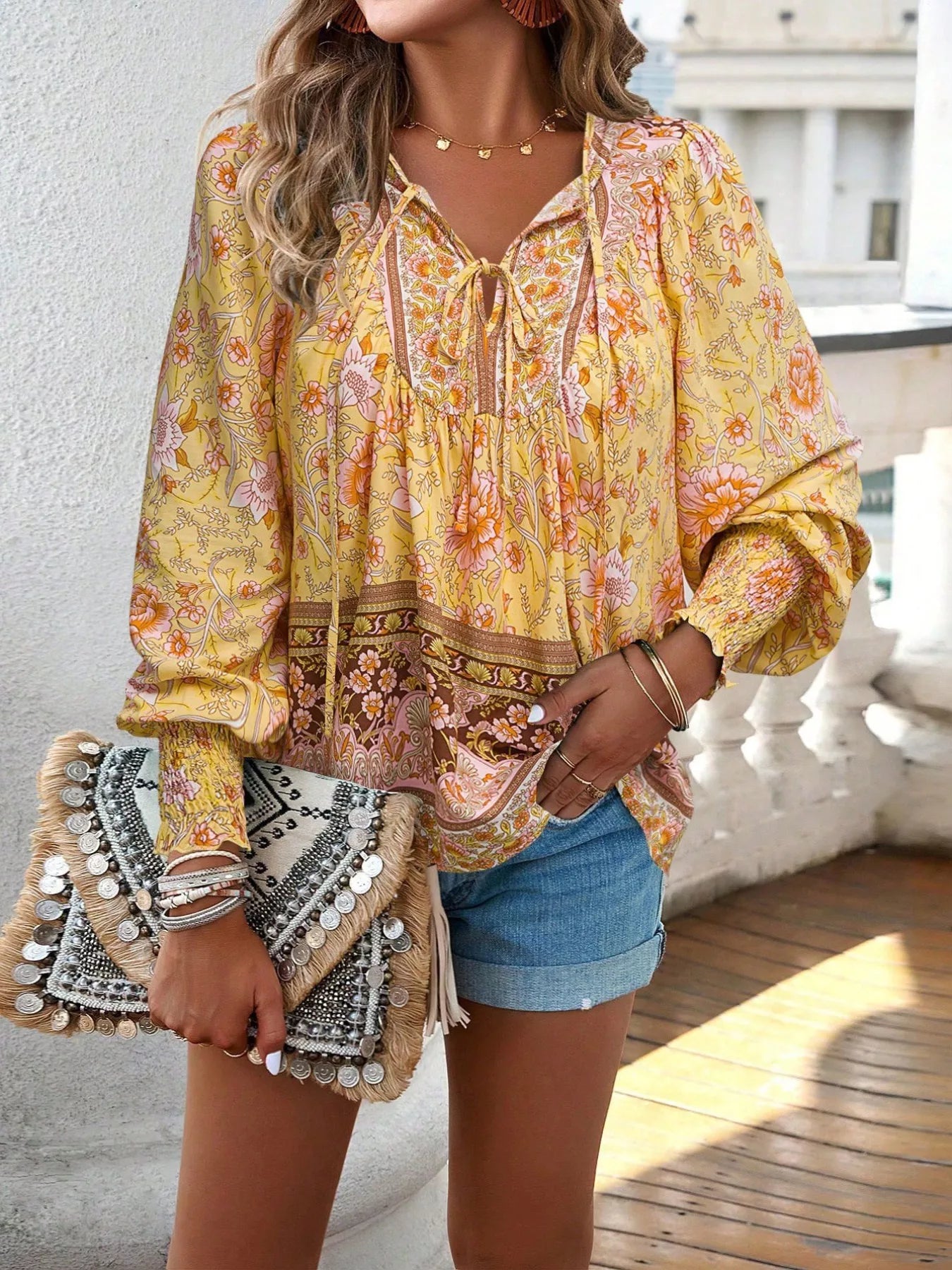 Floral Print Tie Neck Bohemian Blouse