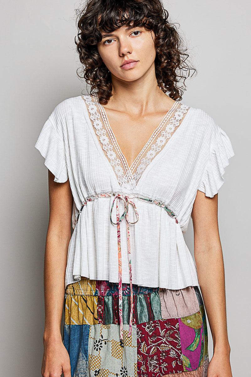 POL Tied Ruffled V-Neck Short Sleeve Blouse with Lace Detail