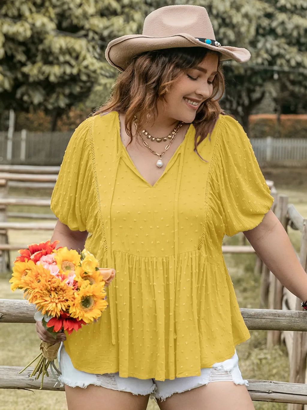 Swiss Dot Tie Neck Short Sleeve Blouse
