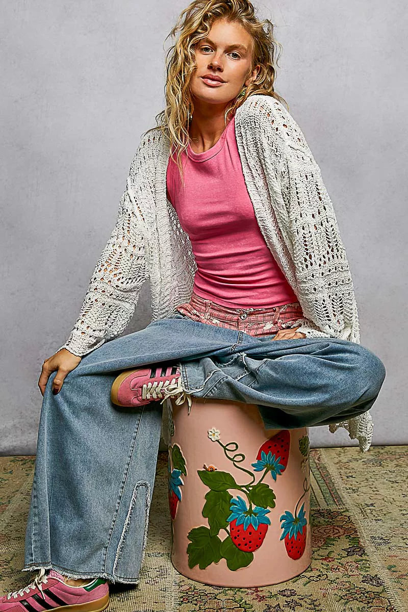 POL Openwork Lightweight Open Front Cardigan with Scalloped Edge