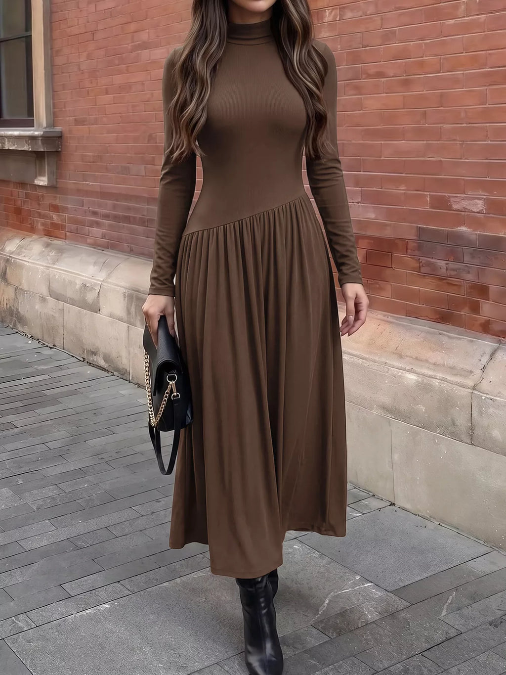 Mock Neck Long Sleeve Midi Dress