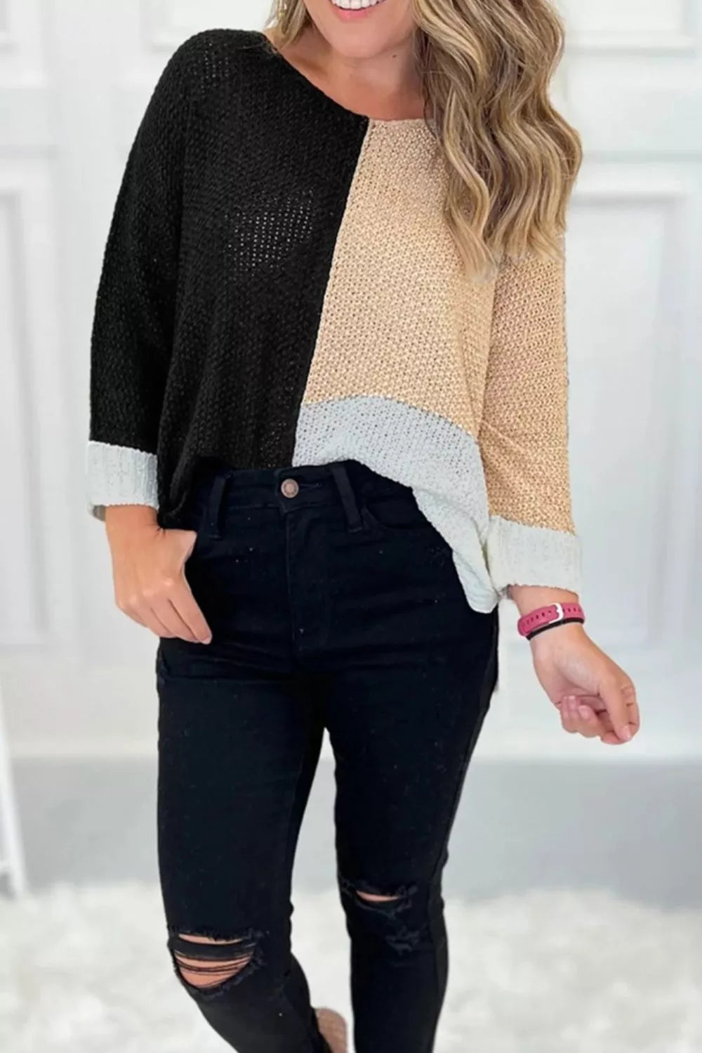 Color Block Knit V Neck Loose Sweater