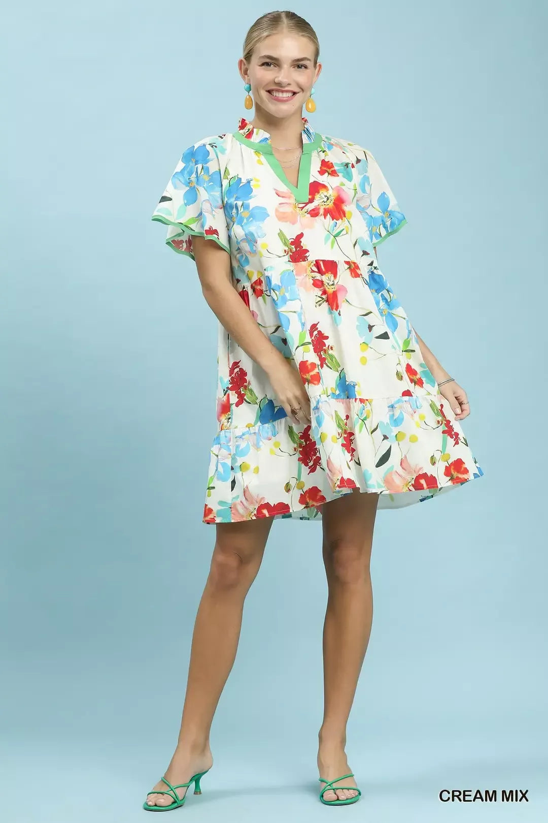 Umgee Watercolor Floral Print Dress with Contrast Trim