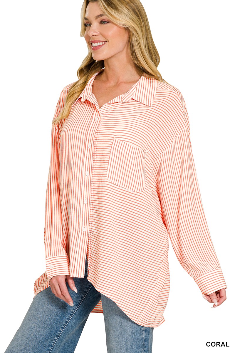 Zenana Woven Stripe Button Down Shirt