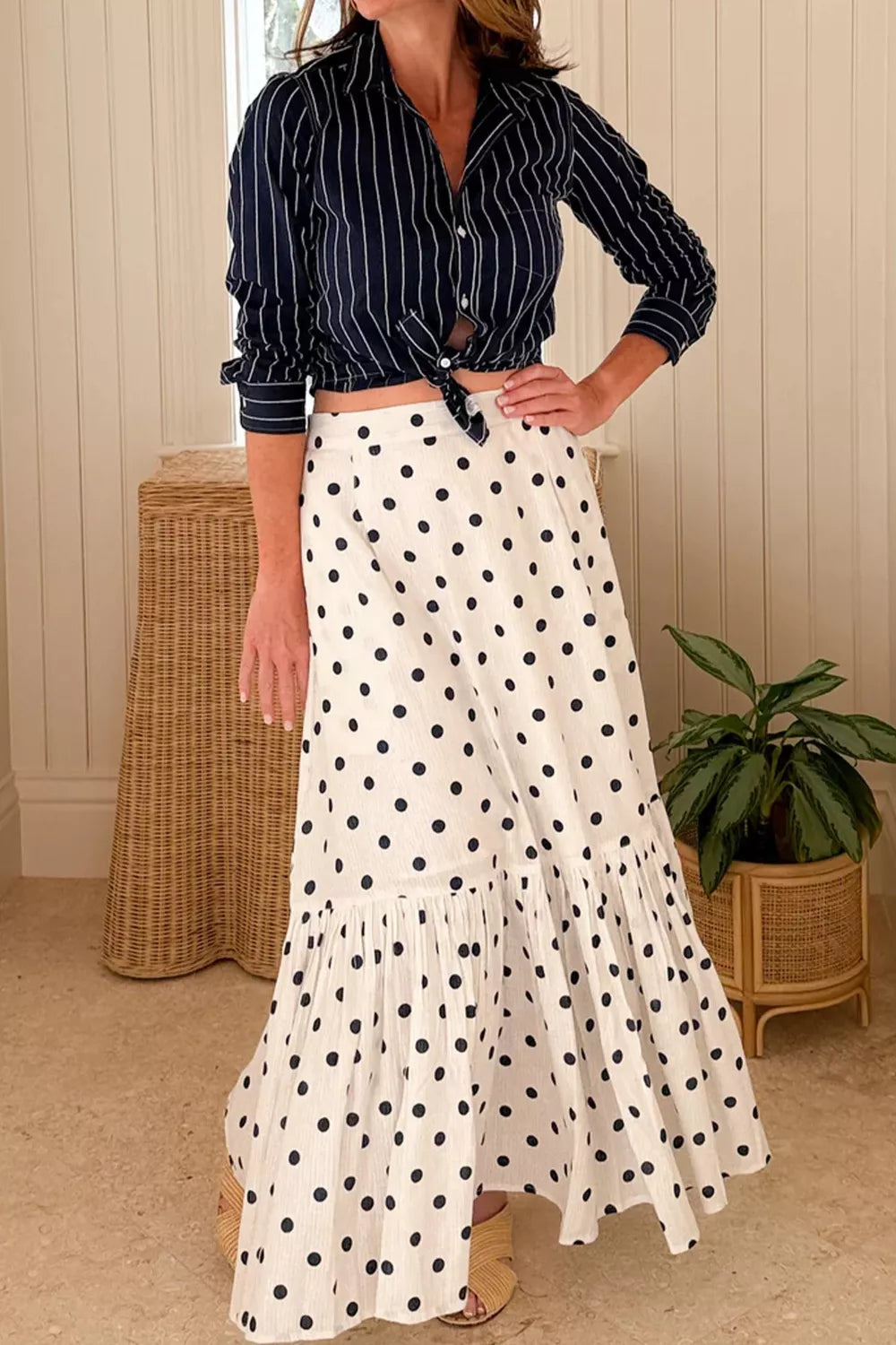 Polka Dot Ruffled Slit Maxi Skirt