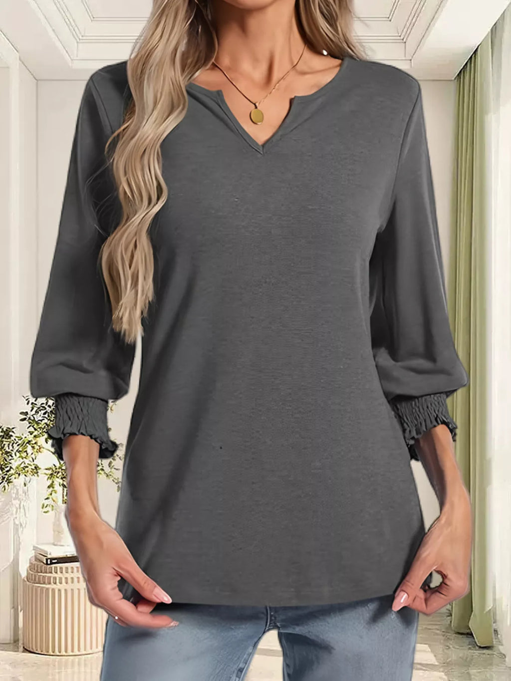 Full Size Notched 3/4 Sleeve Top Plus Size