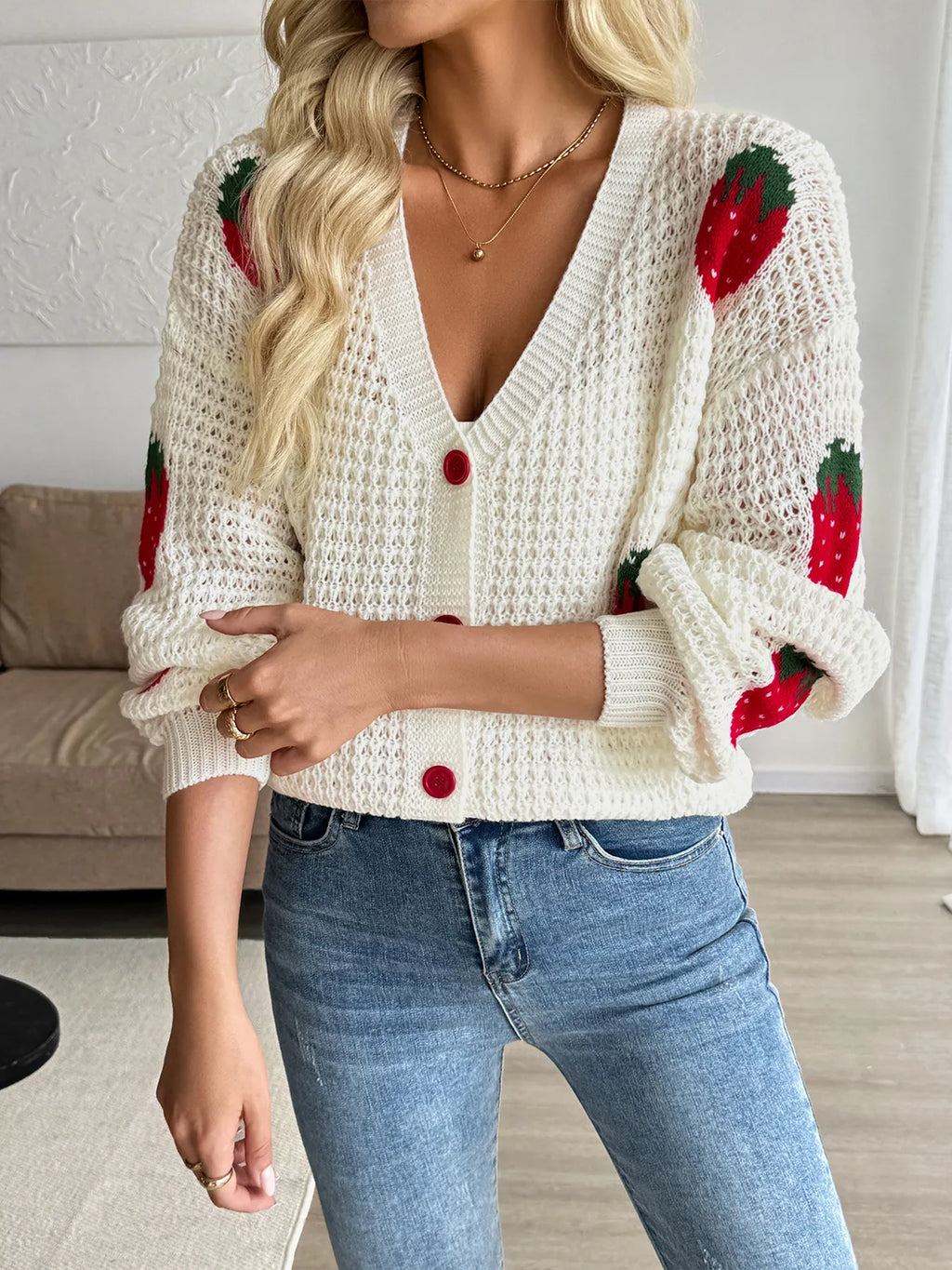 Strawberry Pattern V-Neck Button-Up Cardigan