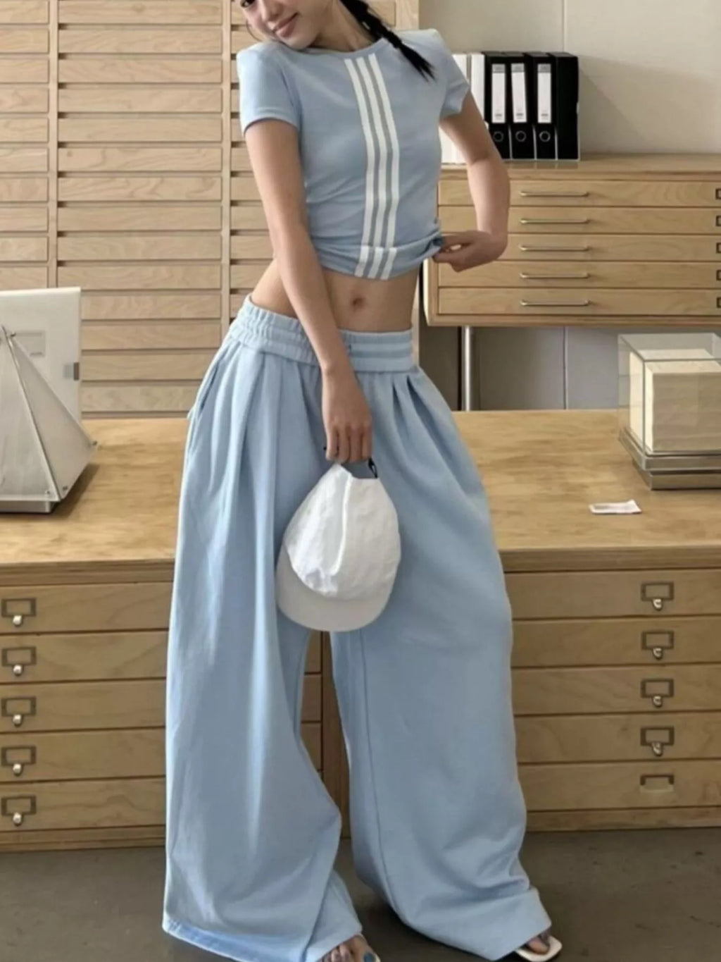 Full Size Striped Crop Top & Wide Leg Pants Set Plus Size